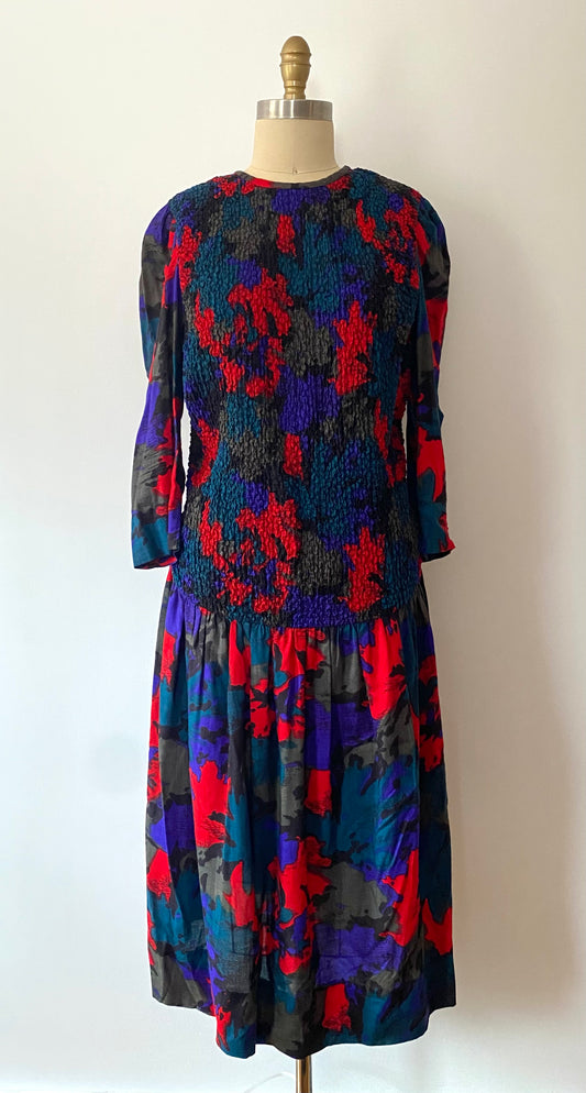 1980s ABSTRACT PRINT LS MIDI DRESS WITH SMOCKING