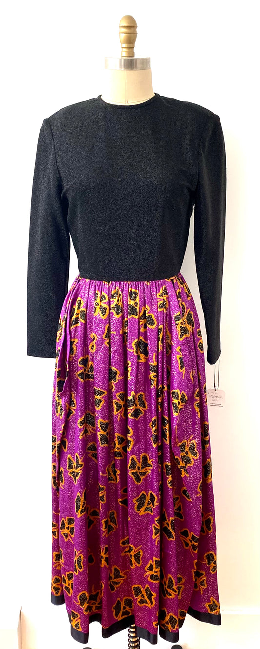 GEOFFREY BEENE, 1990s METALLIC PURPLE PRINTED LS DRESS