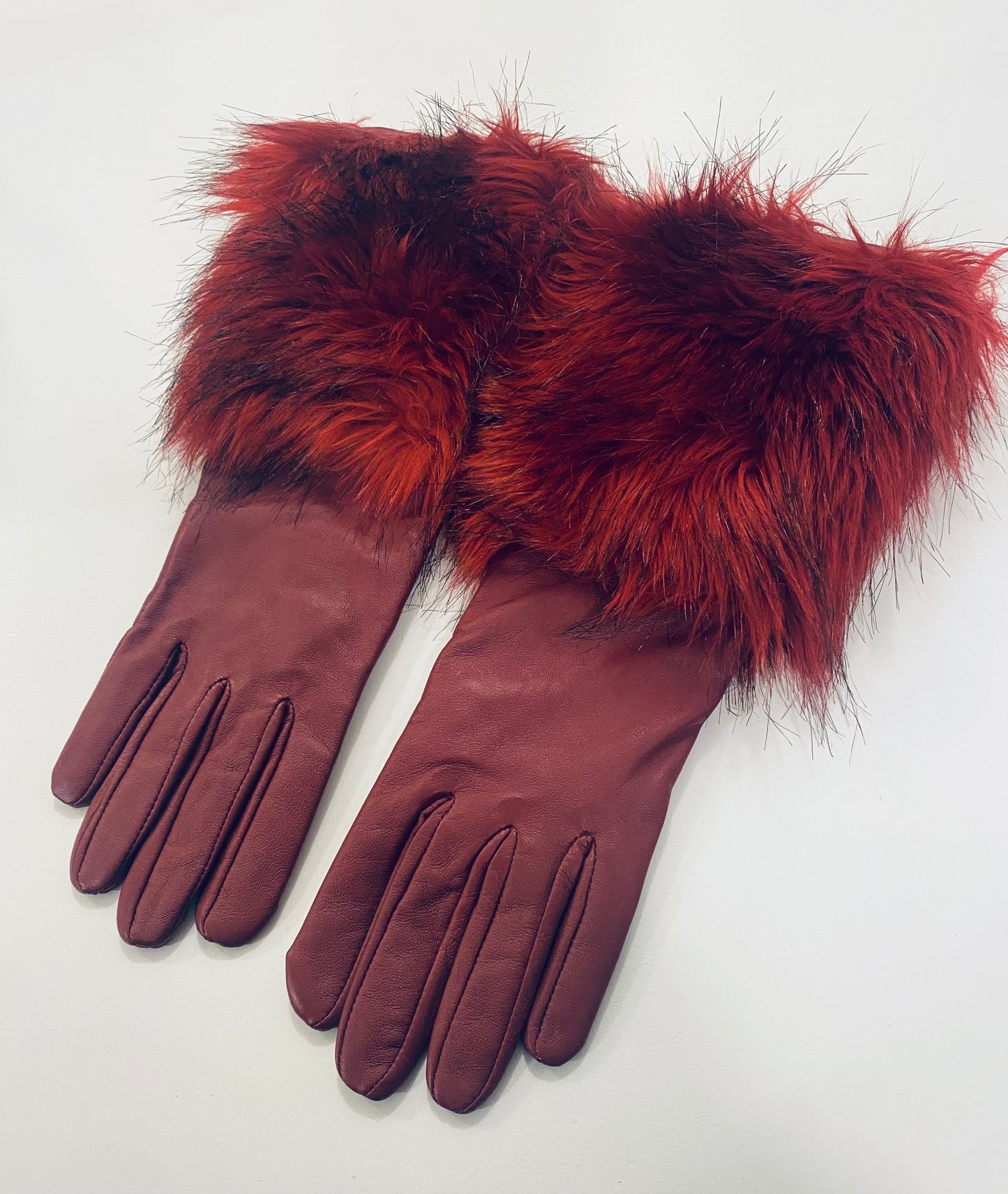 MAROON LEATHER & FUR GLOVES