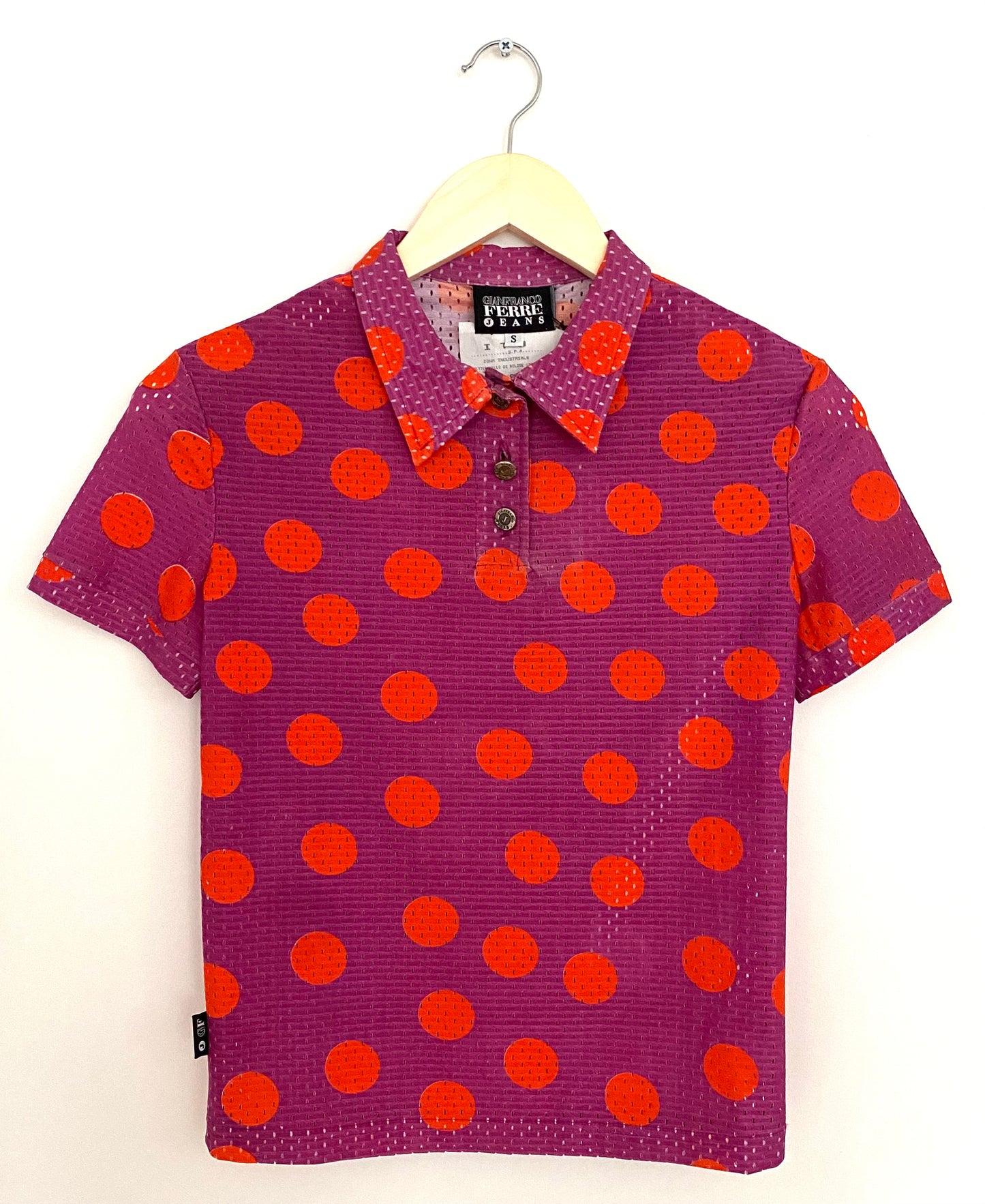 GIANFRANCO FERRE JEANS, Y2K MESH PURPLE/ORANGE POLKA DOT SS SHIRT