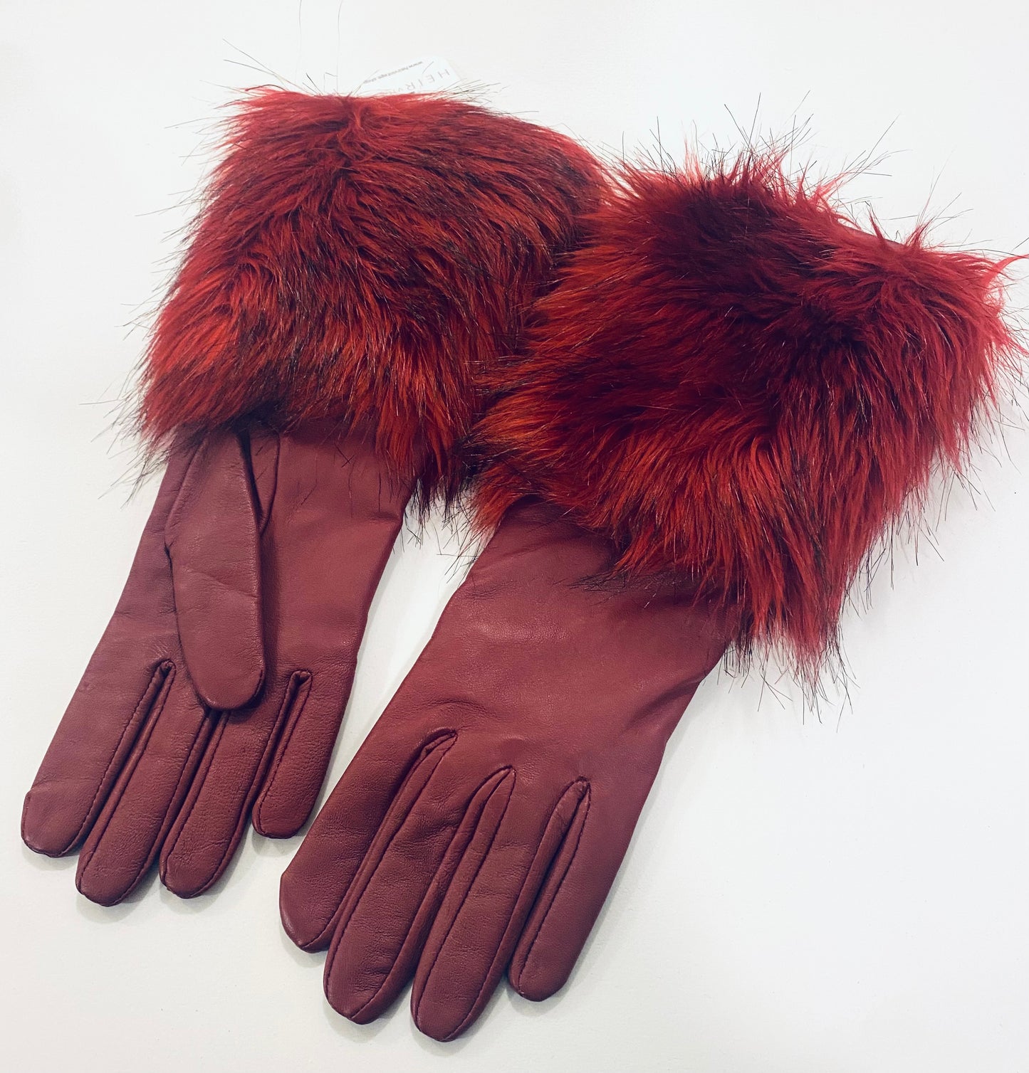 MAROON LEATHER & FUR GLOVES