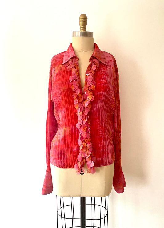 MILANO, Y2K PLEATED RED/PINK ABSTRACT PRINTED TOP W/ APPLIQUE