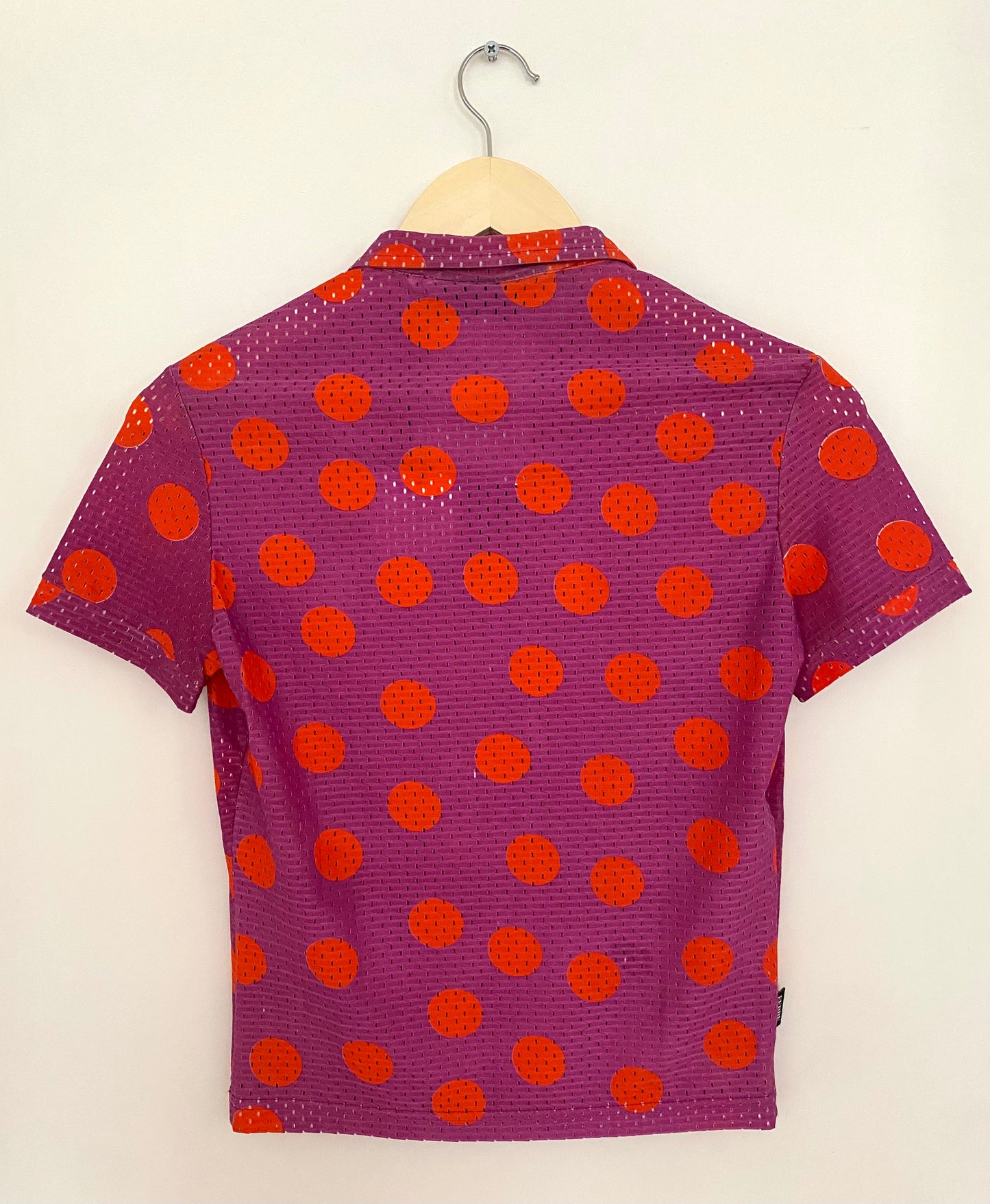 GIANFRANCO FERRE JEANS, Y2K MESH PURPLE/ORANGE POLKA DOT SS SHIRT