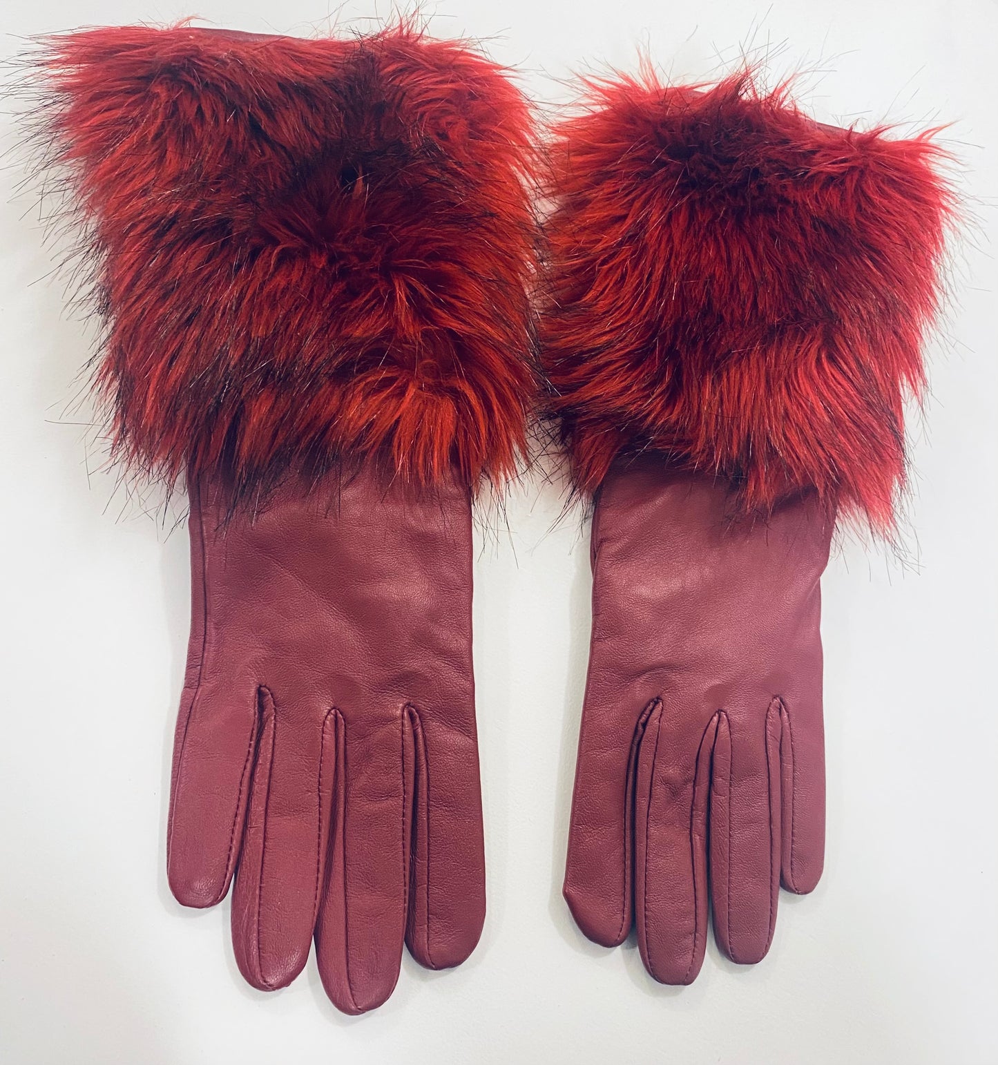 MAROON LEATHER & FUR GLOVES