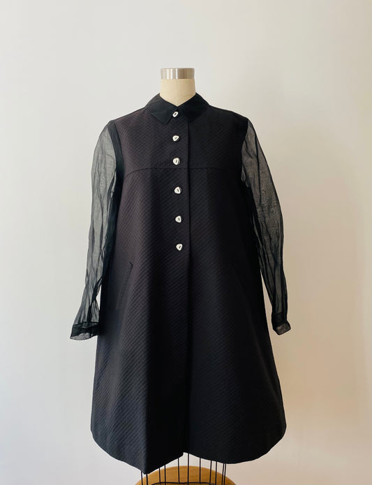 GEOFFREY BEENE, 1980s BLACK KNEE LENGTH DRESS W/ SHEER SLEEVES