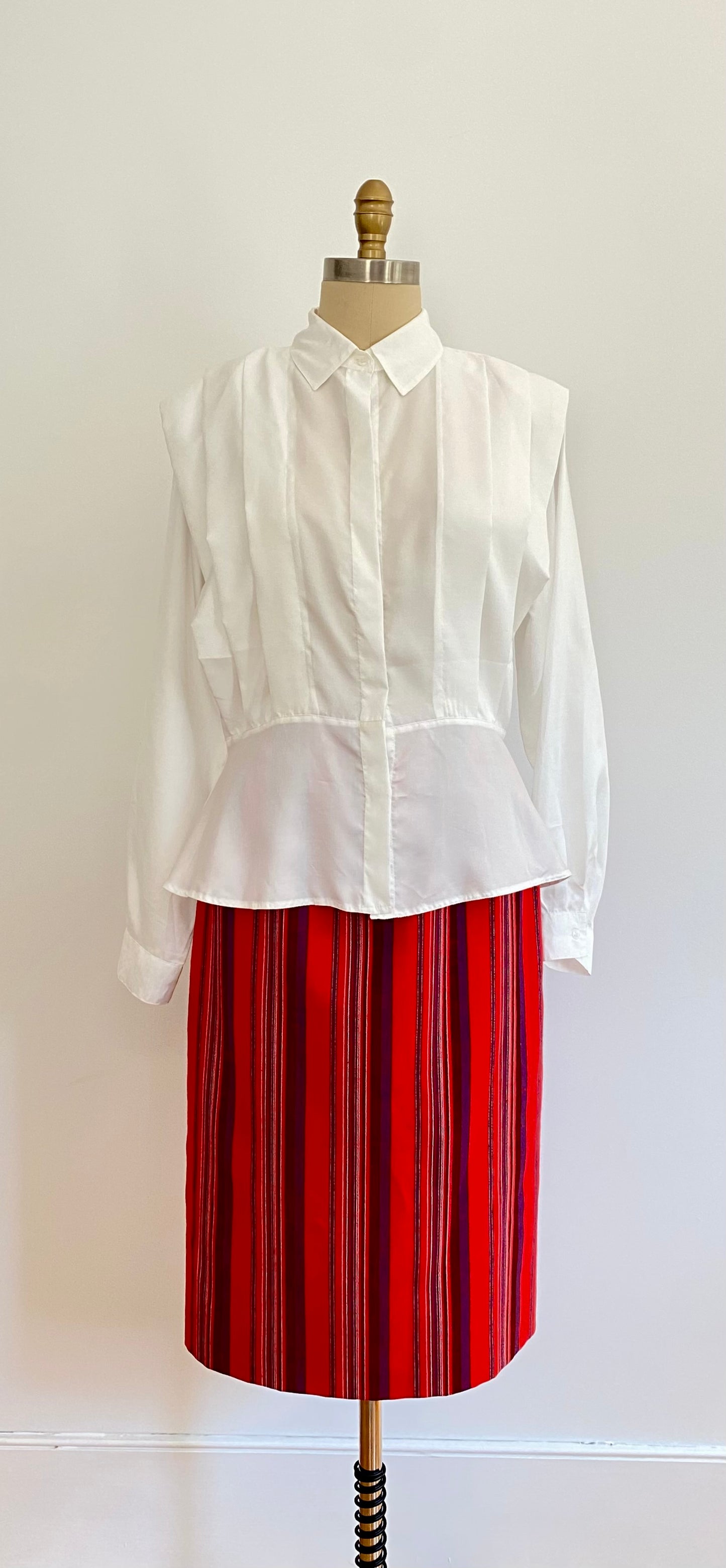 LANVIN, 1970s RED STRIPED KNEE LENGTH SKIRT