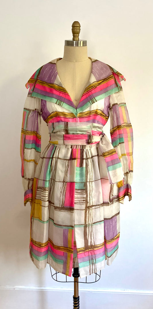 MALCOM STARR, 1980s KNEE LENGTH ABSTRACT PLAID PRINTED LS DRESS