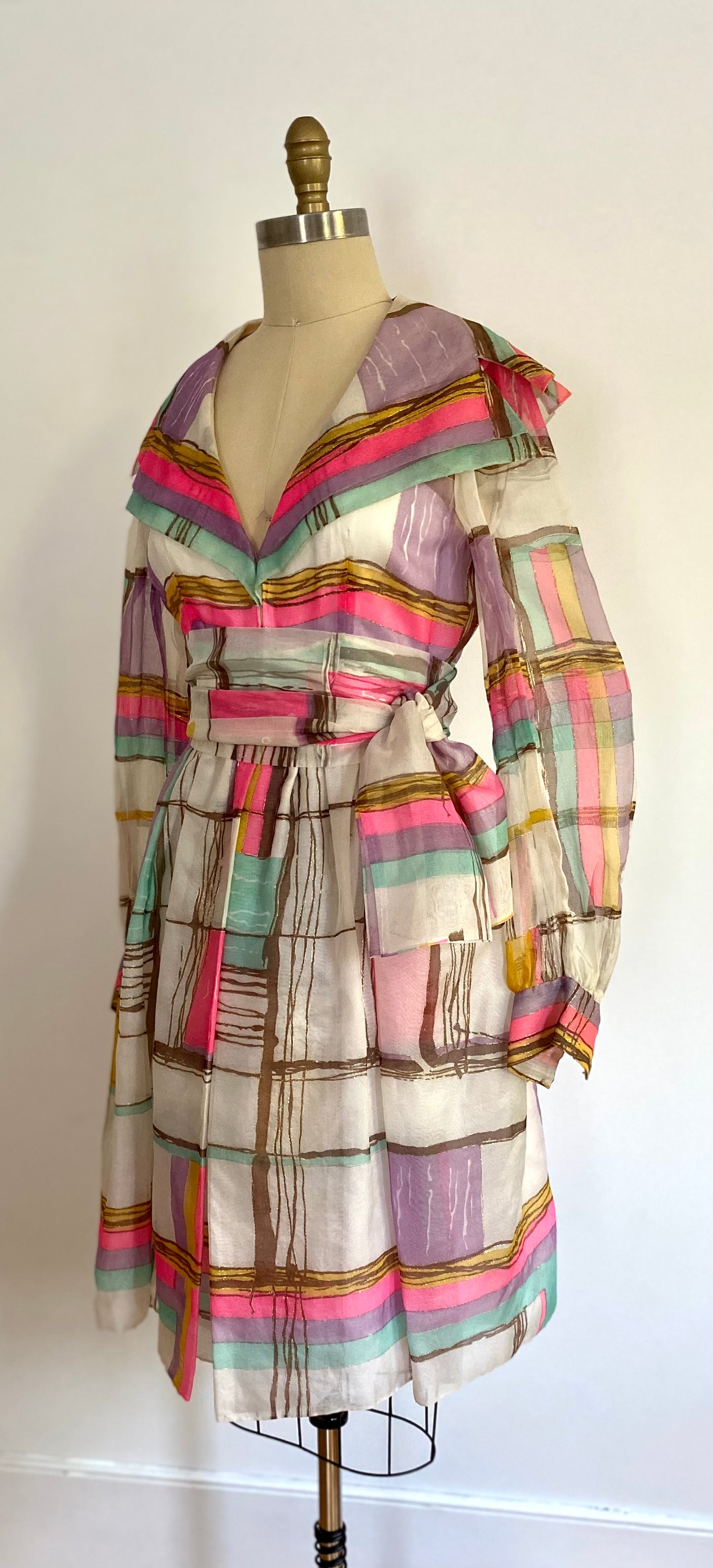 MALCOM STARR, 1980s KNEE LENGTH ABSTRACT PLAID PRINTED LS DRESS